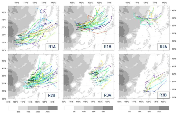 Tracks of meso-α-scale low center for the each group. Shading represents terrain, as in Fig. 3.1.1.