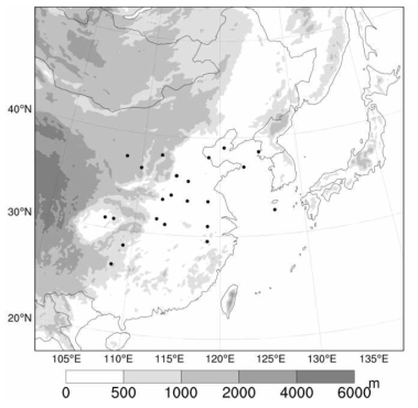 Initial locations of meso low (ML) for each ML cases (dots) and topography (shaded, m).