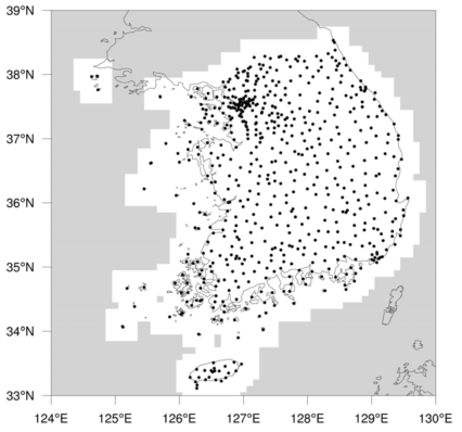 Spatial distribution of AWS stations over South Korea.