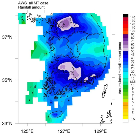 Spatial distribution of mean precipitation (mm, divided by number of cases).