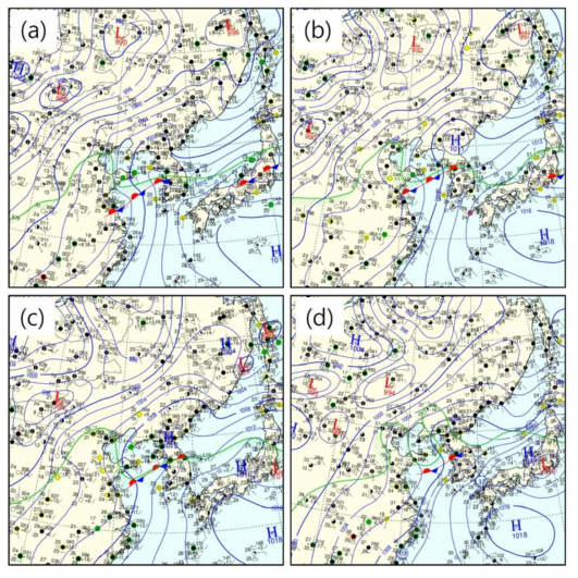 Surface weather charts for (a) 21 LST 28, (b) 03 LST, (c) 09 LST and (d) 15 LST 29 June 2011.