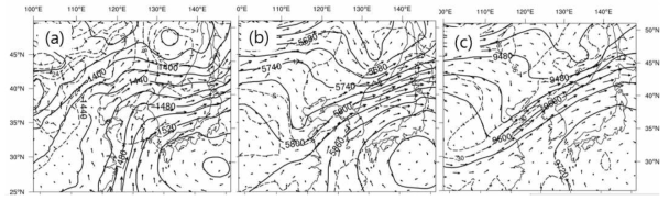 Upper air charts: (a) 850 hPa, (b) 500 hPa and (c) 300 hPa charts for 12 UTC 28 June 2011.