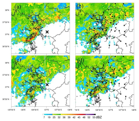 CAPPI imagery at 1.5km altitude from Gwanak radar and AWS surface winds for (a) 0330 LST, (b) 0400 LST, (c) 0430 LST and (d) 0500 LST 29 June 2011. “X” indicates the Osan site (37.10°N, 127.03°E).