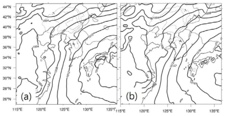 Sea level pressure (heavy solid line, hPa) from FLAT simulation and the difference of SLP between FLAT and CTRL simulations (light solid line and light dashed line for positive and negative values, respectively) for (a) 0300 LST and (b) 0900 LST 29 June 2011.