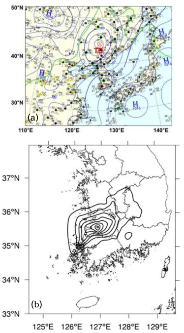 (a) Surface weather chart for 0000 UTC 9 August 2011, and (b) 24-h accumulated rainfall amount for 1500 UTC 8 - 1500 UTC 9 August. Contour in (b) starts from 50 mm/h with an interval of 50 mm. Jeollabuk-Do can be recognized by the provincial border line (thin solid line) containing the area of the maximum rainfall amount.