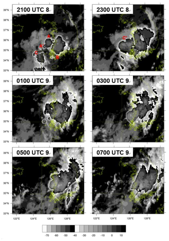 Enhanced IR images for 2100 UTC 8 through 0700 UTC 9 August 2011.