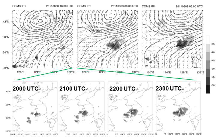 Simulated 850-hPa height (m, solid lines), winds, and reflectivity (dBZ, shaded) from the CTRL for (a) 2100 UTC 8, (b) 0000 UTC, (c) 0300 UTC and (d) 0600 UTC 9 August 2011. Full and half barbs represent 5 and 2.5 m s-1,respectively.