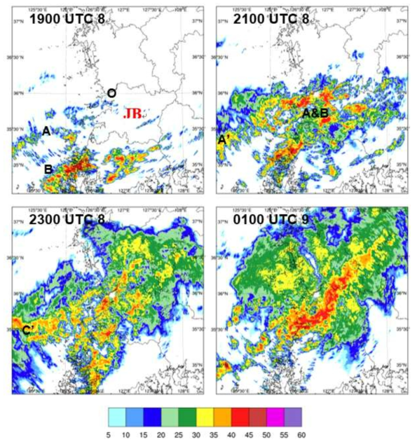 Radar reflectivity (dBZ) obtained at Kunsan radar site (marked by a circle “o”) for 1900 UTC 8 through 0900 UTC 9 August 2011. The province surrounded by the boundary around “JB” is Jeollabuk-Do.