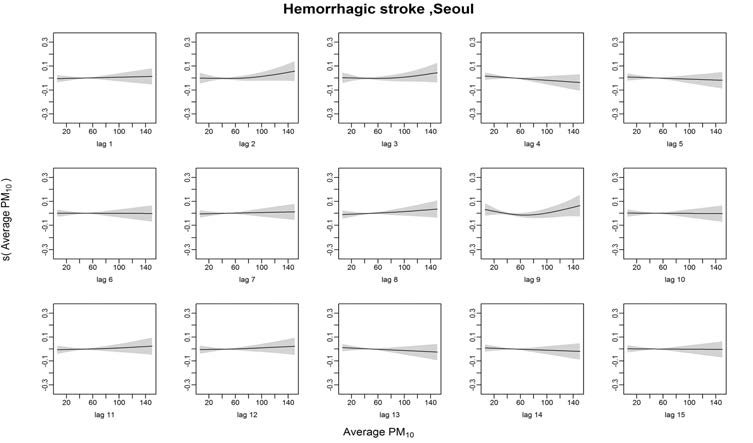 Hemorrhagic stroke발병과 PM10의 Lag1~15