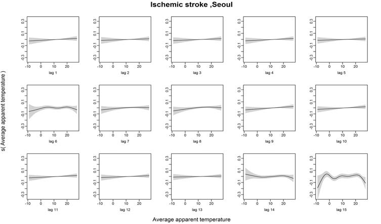 Ischemic stroke발병과 체감온도의 Lag1~15
