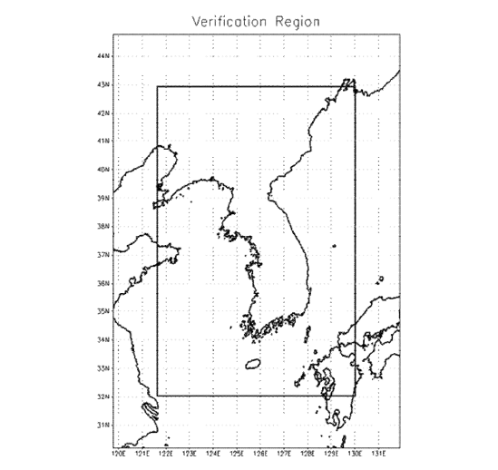 구축한 고해상도 국지 앙상블 자료동화 예측 시스템의 모델 영역과 검증 영역.