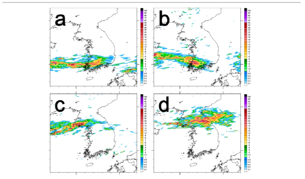 2013년 7월 (a) 3일 00 UTC, (b) 4일 12 UTC, (c) 13일 00 UTC, 그리고 (d) 14 일 00 UTC에서의 PM을 적용한 1시간 누적 강수의 12시간 예보.