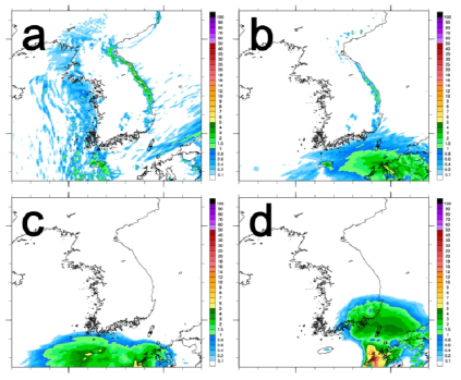 2014년 2월 (a) 7일 12 UTC, (b) 17일 00 UTC, (c) 25일 12 UTC, 그리고 (d) 26일 00 UTC에서의 PM을 적용한 1시간 누적 강수의 12시간 예보.