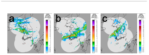 2012년 8월 (a) 12일 00 UTC, (b) 13일 00 UTC, 그리고 (c) 20일 12 UTC의 레 이더 관측 영상.