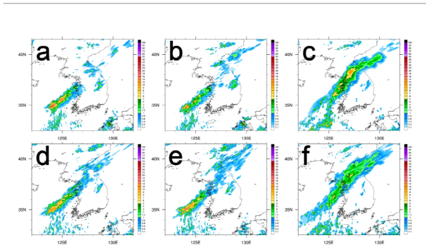검증 시점인 2012년 8월 20일 12 UTC에서의 (a) LETKF의 1시간 누적 강수의 12시간 예보, (b) LETKF_IAU의 1시간 누적 강수의 12시간 예보, (c) LETKF_IAURP의 1시 간 누적 강수의 12시간 예보의 앙상블 평균값과 (d)-(f)는 대응하는 (a)-(c)와 동일한 시스템 에서의 1시간 누적 강수의 24시간 예보 앙상블 평균값임.