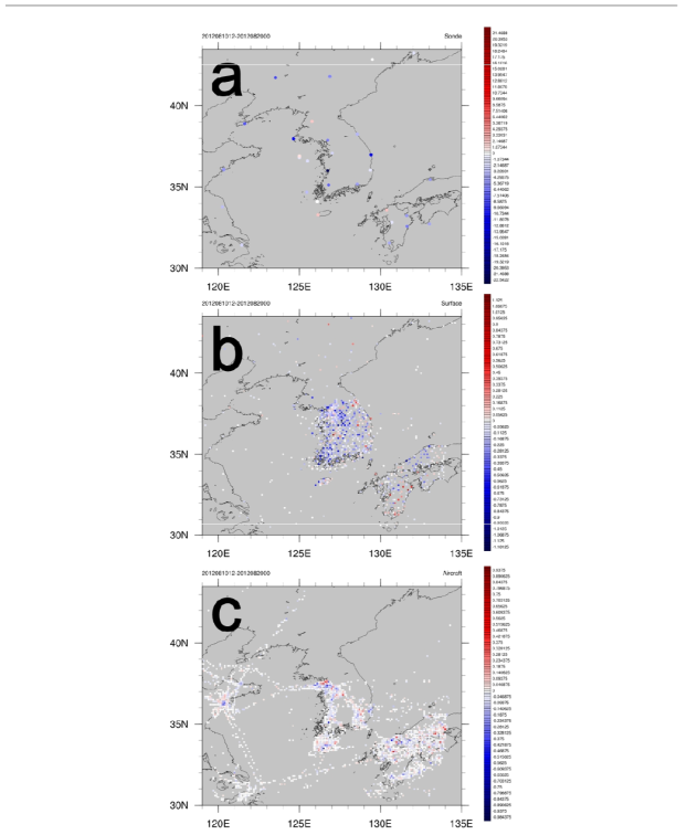 2012년 8월 10일 12 UTC부터 20일 00 UTC까지의 실험 기간 동안 자료동화에 사용된 (a) Sonde 관측, (b) surface 관측, 그리고 (c) Aircraft의 관측의 연직 적분된 평균 관측 영향의 수평 분포.