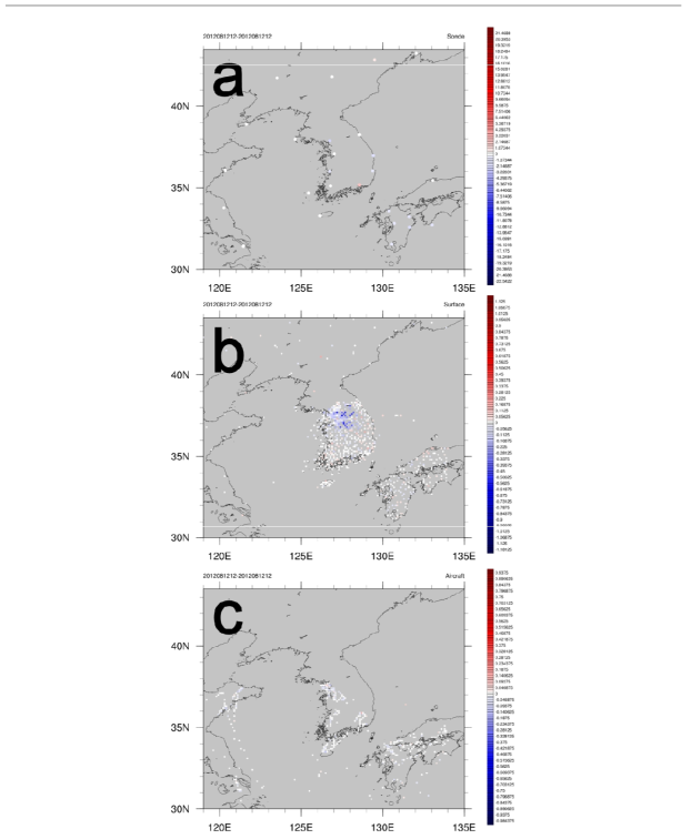 2012년 8월 12일 12 UTC에서 자료동화에 사용된 (a) Sonde 관측, (b) surface 관 측, 그리고 (c) Aircraft의 관측의 연직 적분된 관측 영향의 수평 분포.