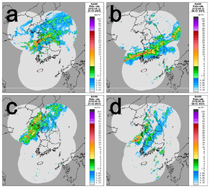 2012년 8월 (a) 12일 12 UTC, (b) 13일 00 UTC, (c) 19일 12 UTC, 그리고 (d) 20일 00 UTC의 레이더 관측 영상.