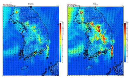 Large-scale distribution of PM10 and PM2.5 resulted by Modeling in NIER.