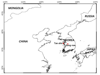 Map of the East Asian region. Gang-nae is the background monitoring station in central Korea.