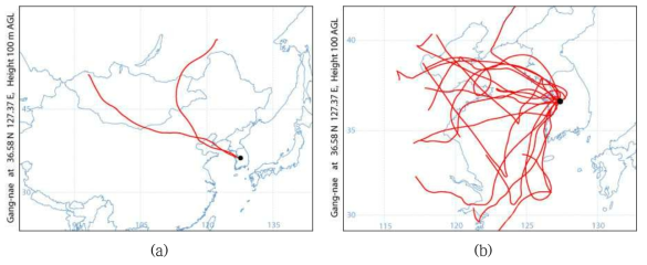 Three-day isentropic backward trajectories arriving at Gang-nae (height: 100 m AGL) when (a) large-scale transport particle of haze and (b) natural dust particle of dust storm were observed at Gang-nae in central Korea from 2011 to 2015.