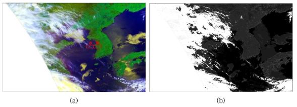 (a) NOAA satellite RGB-composite image showing the large-scale transport of haze over the Yellow Sea region and (b) the cloud mask image for May 31, 2014. Red box regions of (a) and (b) (a; 36°-37°N, 124.5°-126.0°E, b;36°-37°N, 126.0°-127.5°E).