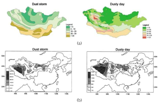 Spatial distributions of annual mean dust storms and dusty days observed in (a) Mongolia during 1960 ~ 1999 and (b) in China during 1954 ~ 1998.