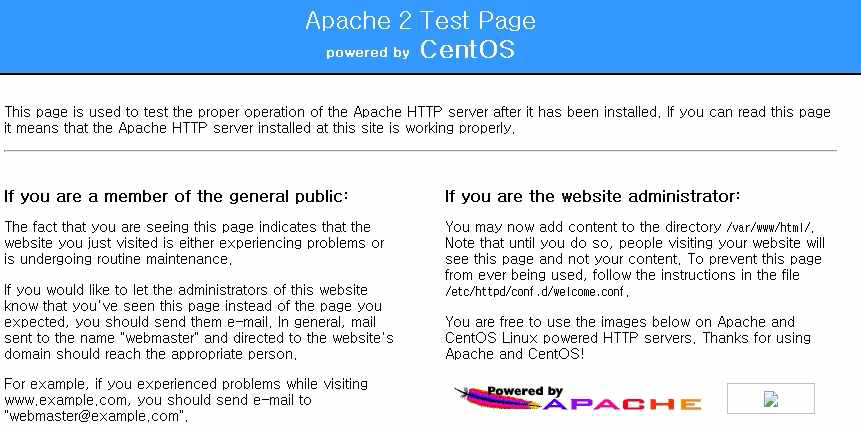 Apache 2 test page: connected immediately after installation.