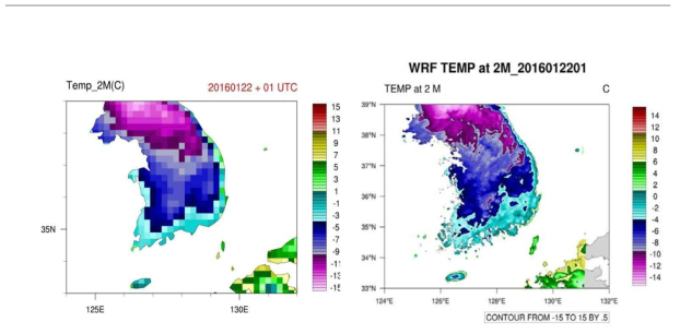 2 m temperature at 01 UTC, 22 Jan 2016 : GME (left), WRF (right).