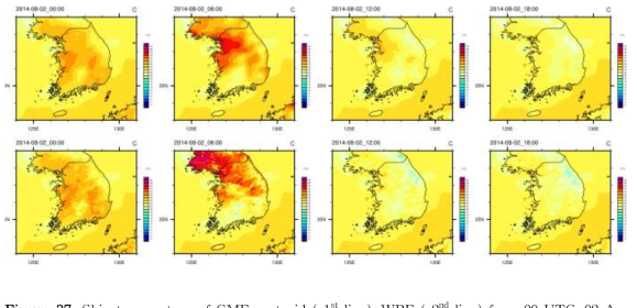 Skin temperature of GME-metgrid ( 1st line), WRF ( 2nd line) from 00 UTC, 02 Aug 2014, 6hour interval.