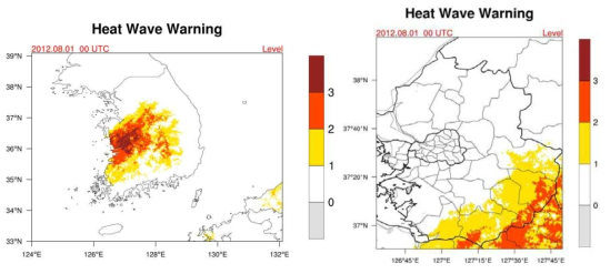 Heat wave warning over Korea (left), Gyeonggi Province (right) at 00UTC, 01 Aug 2012.