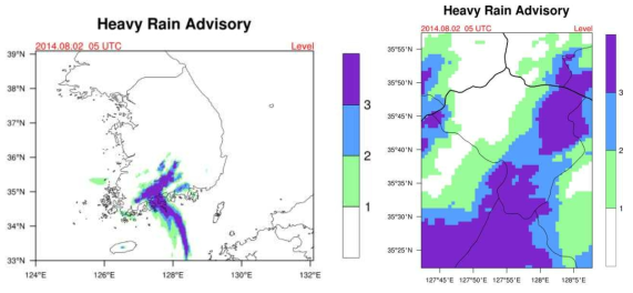 Heavy rain advisory over Korea (left), Geochang county (right) at 05UTC, 02 Aug 2014.