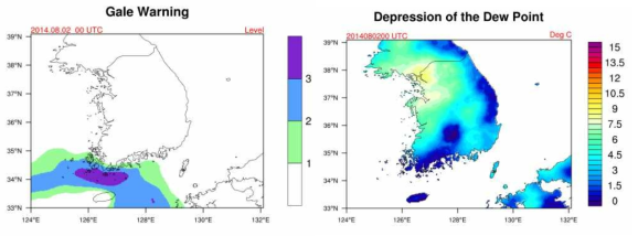 Gale warning (left) and depression of the dew point (right) over Korea at 00UTC, 02 Aug 2014.