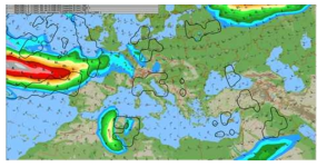 터키 기상청의 난기류 차트가 중첩되어 있는 바람과 온도 차트