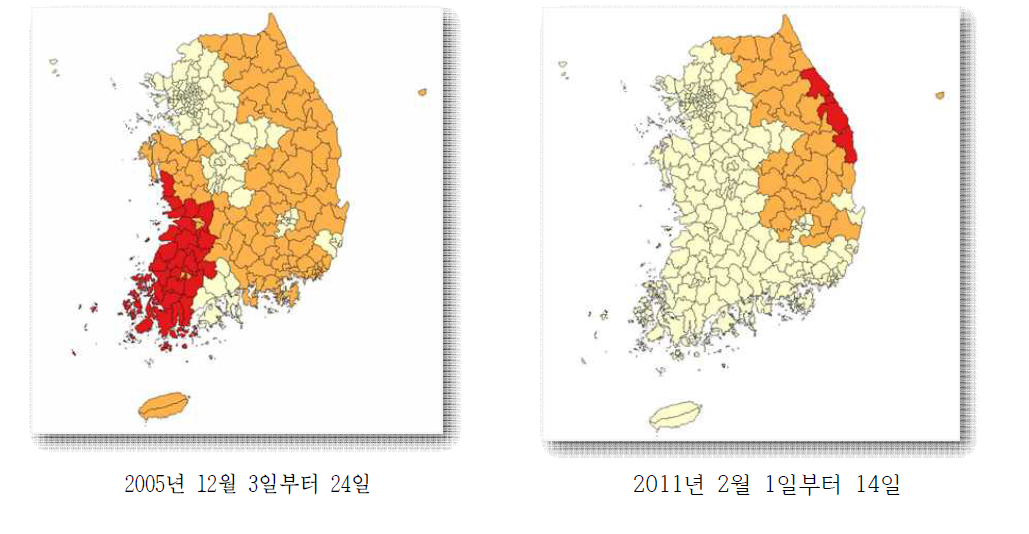 위험기상 발생 패턴 구분 예시 – 대설, 서해안형/동해안형