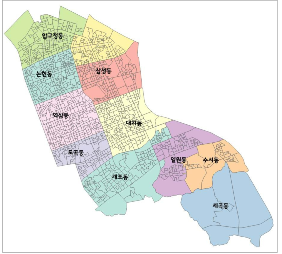 서울특별시 강남구 소지역구분에 따른 지도