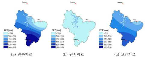 용담댐 유역 HCST(1996~2009) 여름철 강수량 공간분포 (보간 전후)