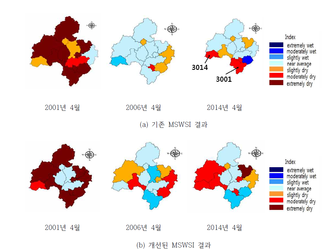 2001년, 2006년, 2014년 4월에 대한 기존과 개선 MSWSI 결과 비교