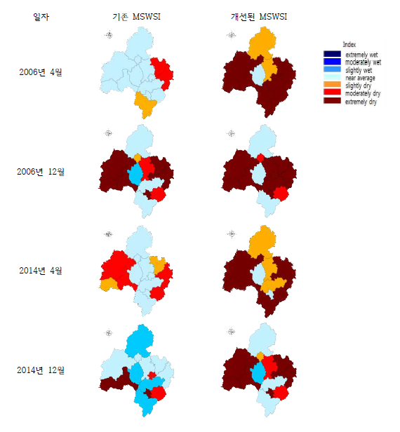 2006년과 2014년 4월과 12월에 대한 기존과 개선된 MSWSI를 이용한 확률론적 가뭄전망 결과 비교