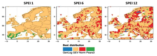 유럽의 격자강우자료(WFD, Watch Forcing Dataset)를 기반으로 한 1개월, 6개월, 및 12개월 누적합계강우량 대상 SPEI 최적 분포형 산정결과