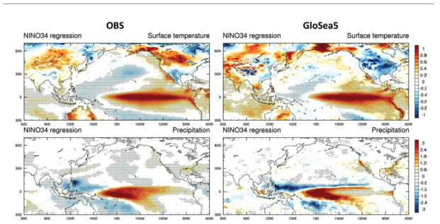 (좌) 관측 (1983-2010)과 (우) GloSea5 장기적분실험의 겨울철 Nino3.4 지수에 회귀된 (위) 지면온도와 (아래) 강수.