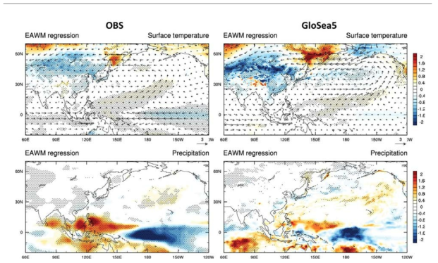 (좌) 관측 (1983-2010)과 (우) GloSea5 장기적분실험의 겨울철 겨울몬순 지수에 회귀된 (위) 지면온도와 (아래) 강수.