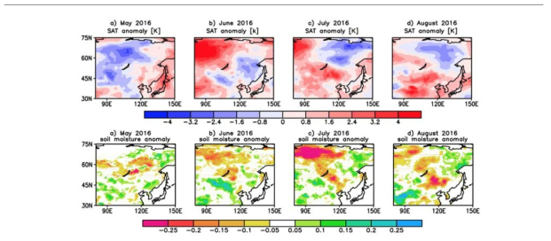 2016년 5~8월 SAT anomaly와 Soil moisture anomaly.