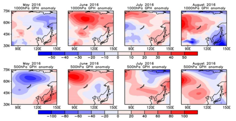 2016년 5~8월 1000 hPa GPH anomaly와 500 hPa GPH anomaly.