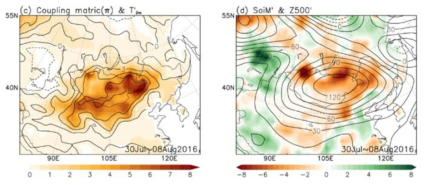 2016년 동아시아 열파 발생 당시의 (c) Coupling index(π, shading)와 (d) Z500 anomaly(contour).