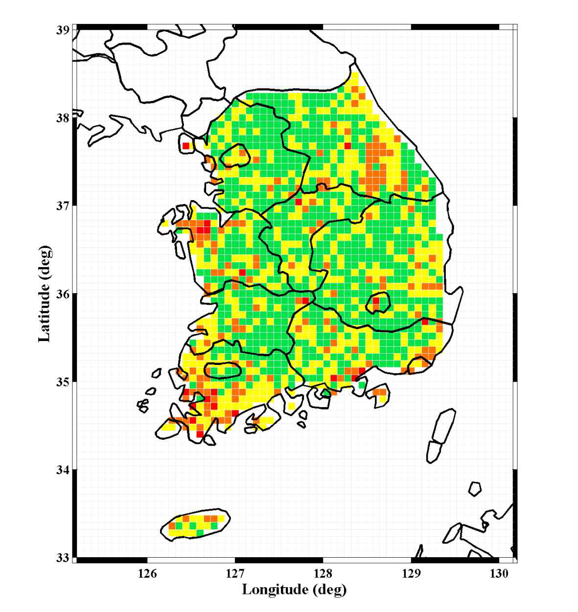 풍속 안전등급, 낙뢰고도와 최대전류, 낙뢰발생빈도와 최대전류를 종합적으로 통합하여 합산한 최종 지역별 안전등급 결과