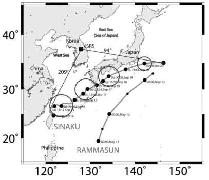 Index map. Map shows KSRS seismic array and paths of typhoons studied in this report. The soild circles show effective diameter of strong wind for the typhoon.