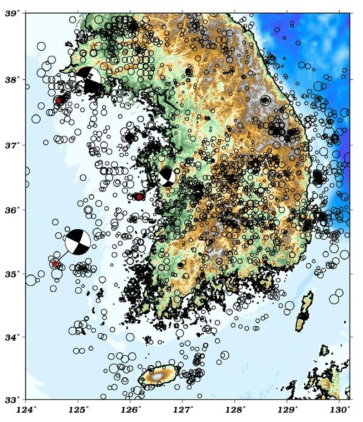 Epicenters of the earthquakes that occurred recently in and around the Korean Peninsula (from the Korea Meteorological Administration).