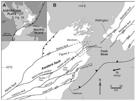 (A) Map showing the Pacific-Australia plate boundary through New Zealand. (B) Map of northeast part of the South Island and southern North Island, New Zealand, showing the active dextral strike-slip Marlborough fault system.