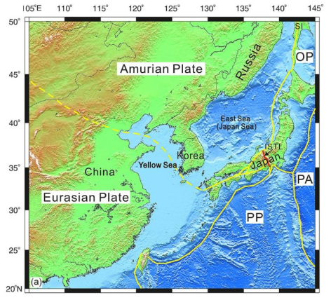 Plate boundaries in NE Asia (modified from Taira, 2001). PA, PP, and OP = Pacific, Philippine Sea, and Okhotsk Sea plates; SI = Sakhalin Island; ISTL = Itoigawa-Shizuoka Tectonic Line.